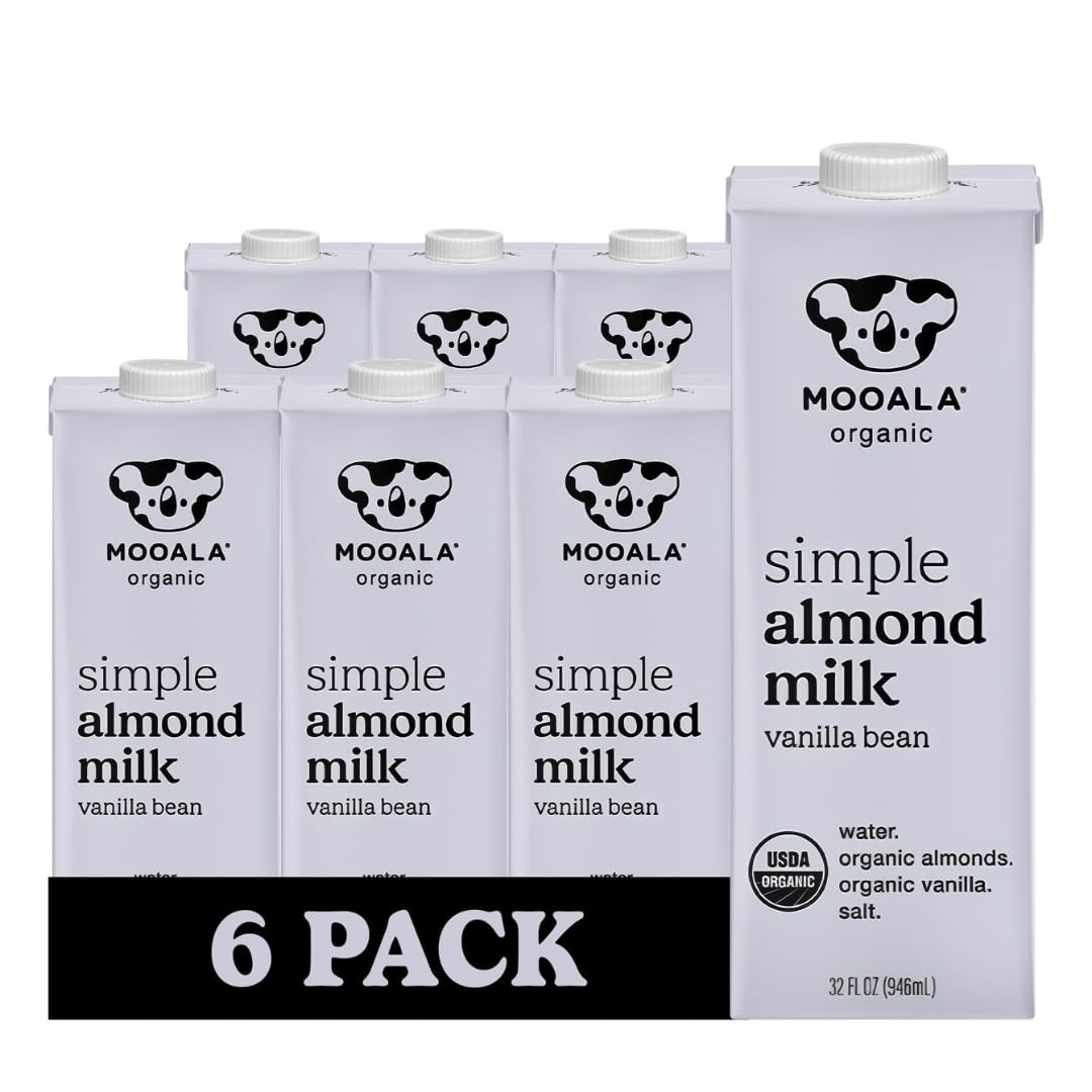 Mooala Simple Vanilla Almond Milk bottle, creamy dairy-free option for everyday coffee.