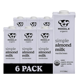 Mooala Simple Vanilla Almond Milk bottle, creamy dairy-free option for everyday coffee.
