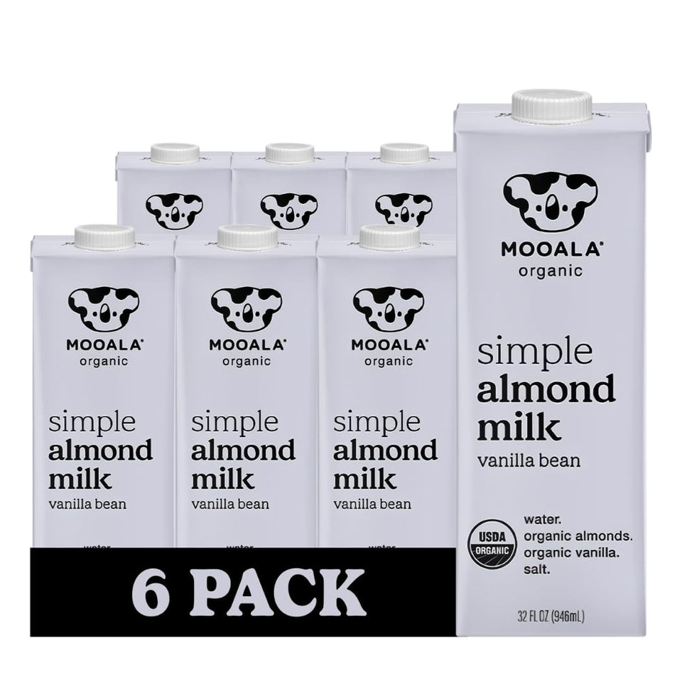 Mooala Simple Vanilla Almond Milk bottle, creamy dairy-free option for everyday coffee.