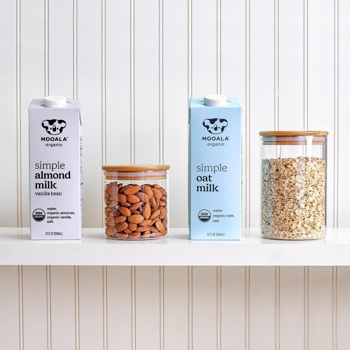 Mooala Simple Vanilla Almond Milk 6-pack packaging, pantry-friendly shelf-stable.