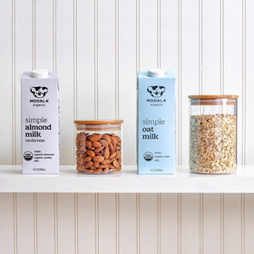 Mooala Simple Vanilla Almond Milk 6-pack packaging, pantry-friendly shelf-stable.