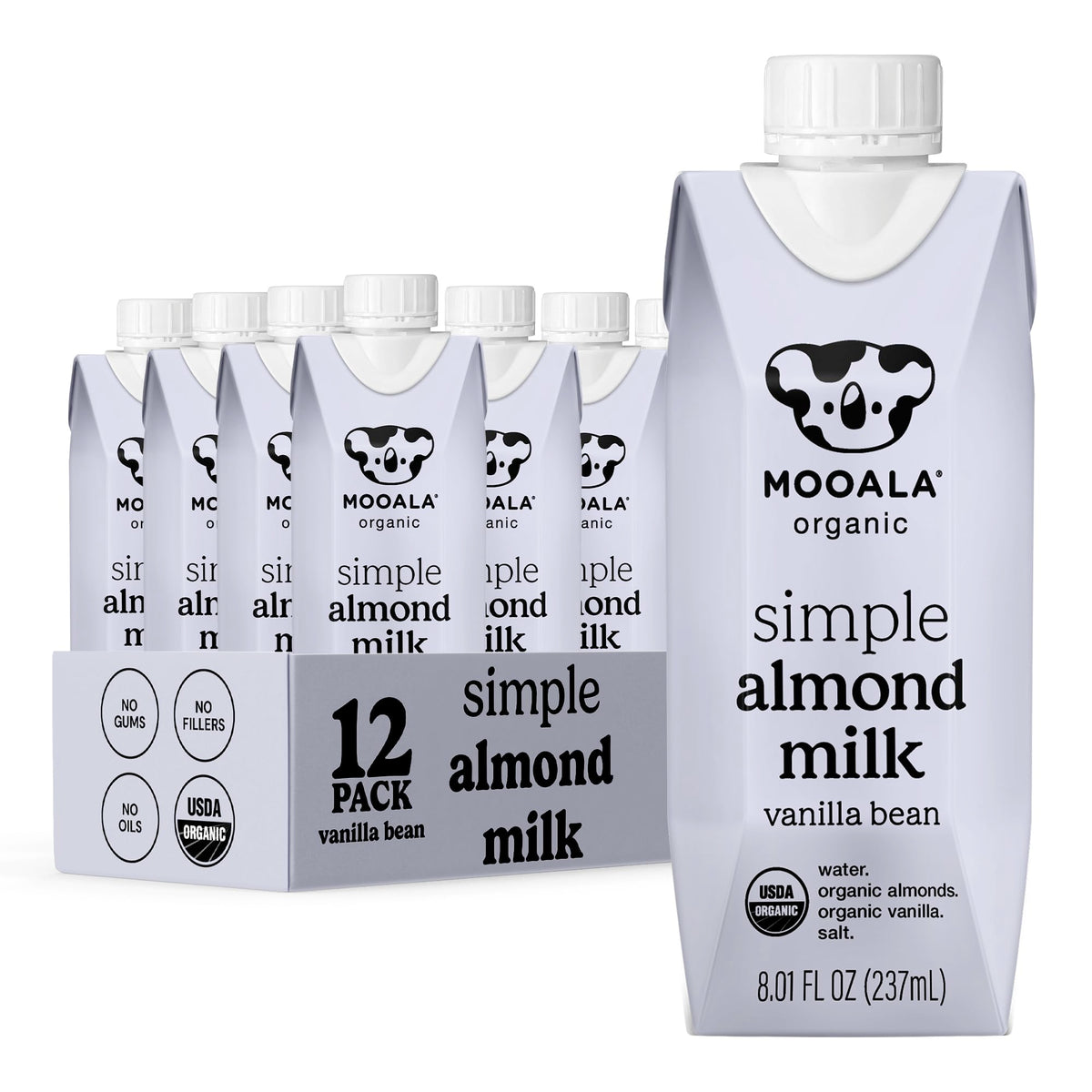 Mooala Simple Vanilla Almond Milk carton on shelf for pantry stocking and convenience.