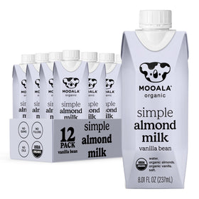 Mooala Simple Vanilla Almond Milk carton on shelf for pantry stocking and convenience.