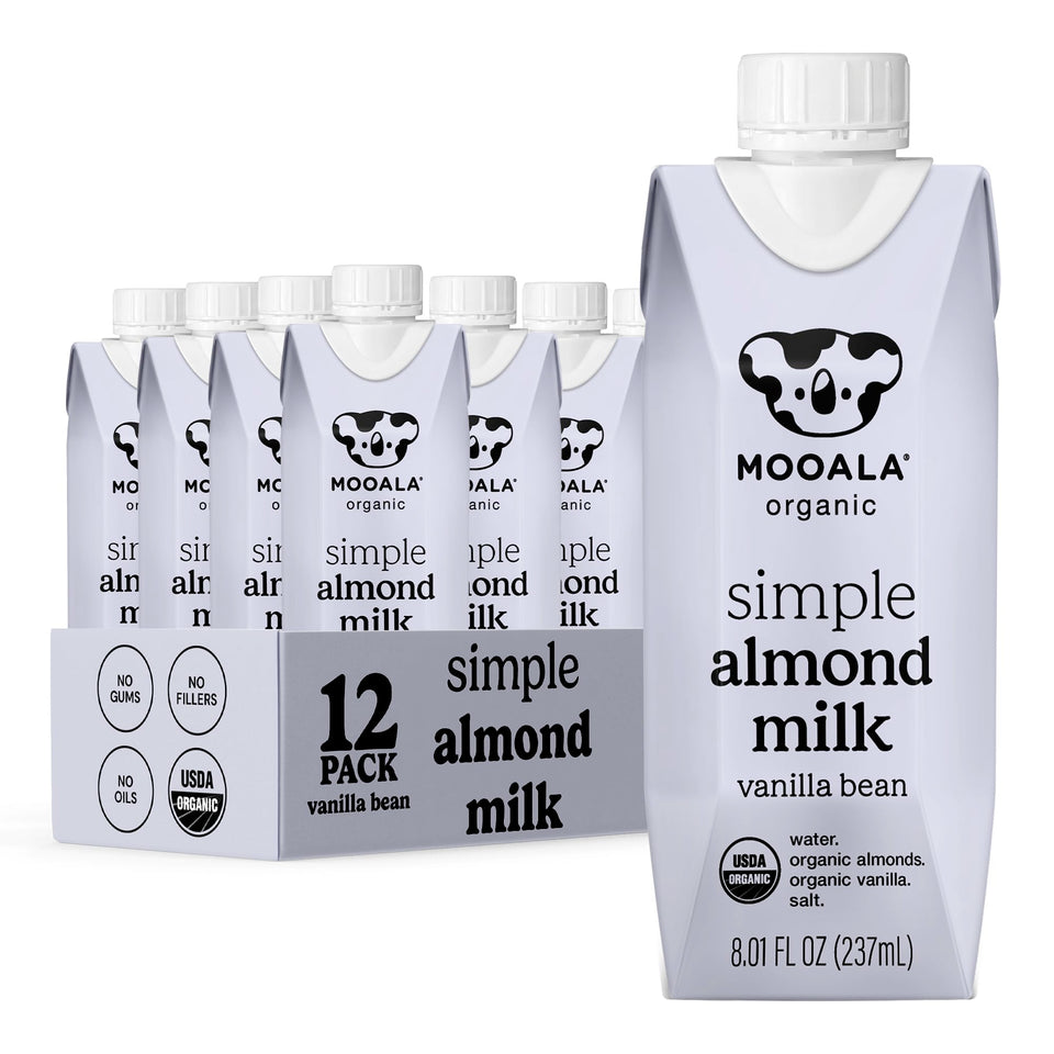 Mooala Simple Vanilla Almond Milk carton on shelf for pantry stocking and convenience.