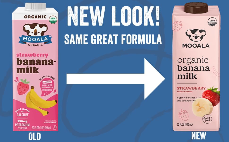 Mooala Strawberry Banana Milk cartons front view; convenient non-dairy option for busy mornings.