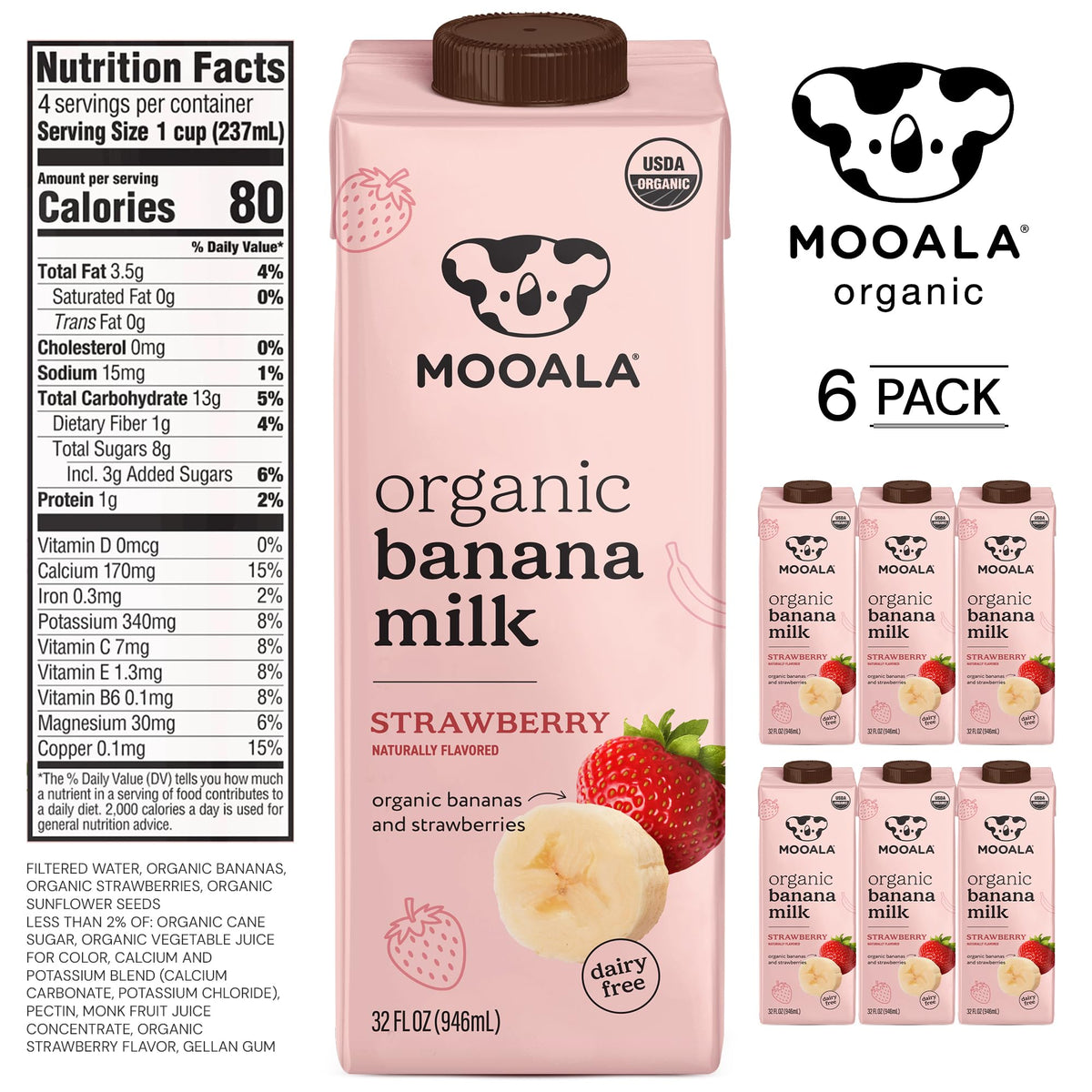 Mooala Strawberry Banana Milk carton side view; long shelf life supports pantry stock.