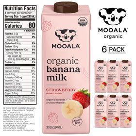 Mooala Strawberry Banana Milk carton side view; long shelf life supports pantry stock.