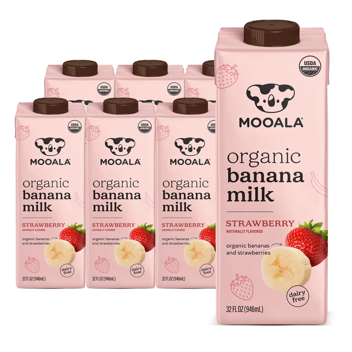 Mooala Strawberry Banana Milk six-pack cartons; pantry-friendly shelf-stable plant-based beverage.