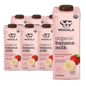 Mooala Strawberry Banana Milk six-pack cartons; pantry-friendly shelf-stable plant-based beverage.