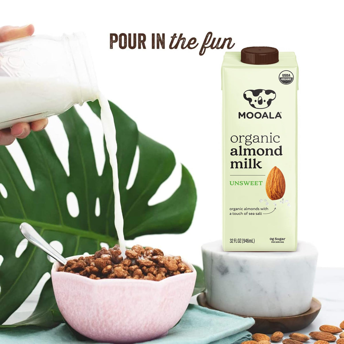 Almond milk with cereal bowl; smooth texture and calcium boost