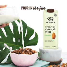 Almond milk with cereal bowl; smooth texture and calcium boost