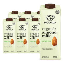 Mooala Unsweetened Almond Milk pantry display; dairy-free and ready for everyday use