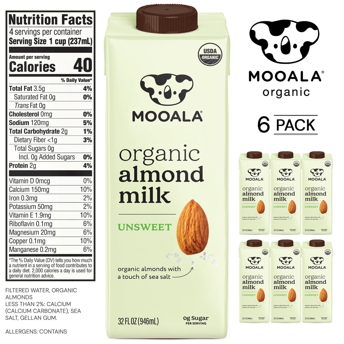 Pouring Mooala Unsweetened Almond Milk into glass; ideal for cereals