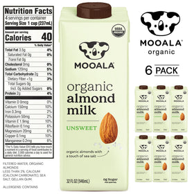 Pouring Mooala Unsweetened Almond Milk into glass; ideal for cereals