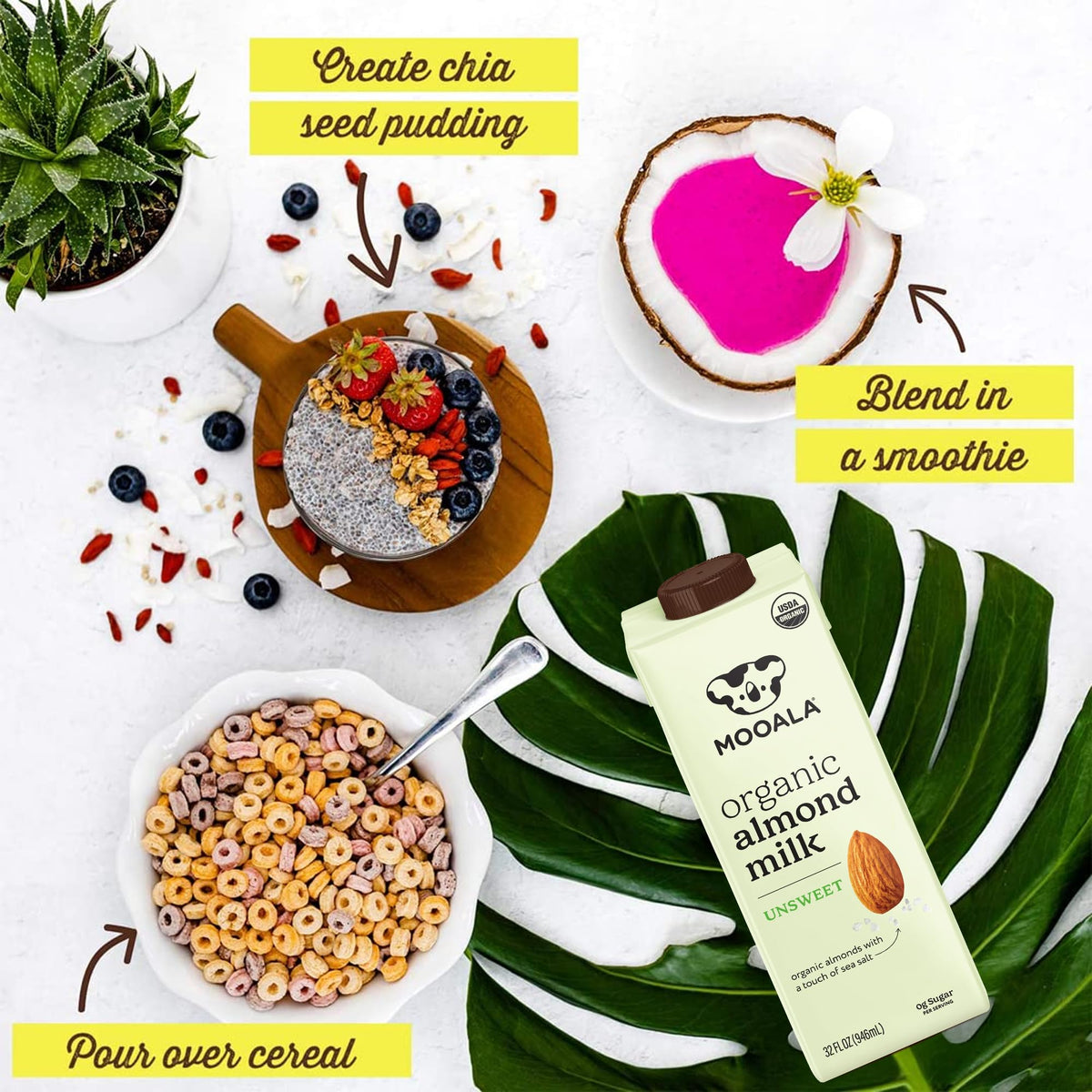 Mooala Unsweetened Almond Milk in smoothie; versatile plant-based option