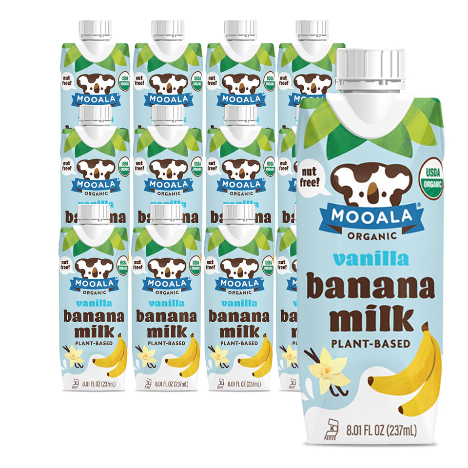 Mooala Vanilla Bananamilk 12-pack on-the-go bottles for tasty nutrition.