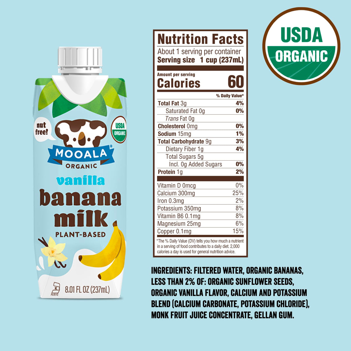 Mooala Vanilla Bananamilk bottle closeup highlighting shelf-stable, dairy-free goodness.