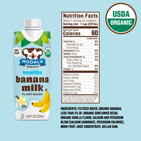 Mooala Vanilla Bananamilk bottle closeup highlighting shelf-stable, dairy-free goodness.