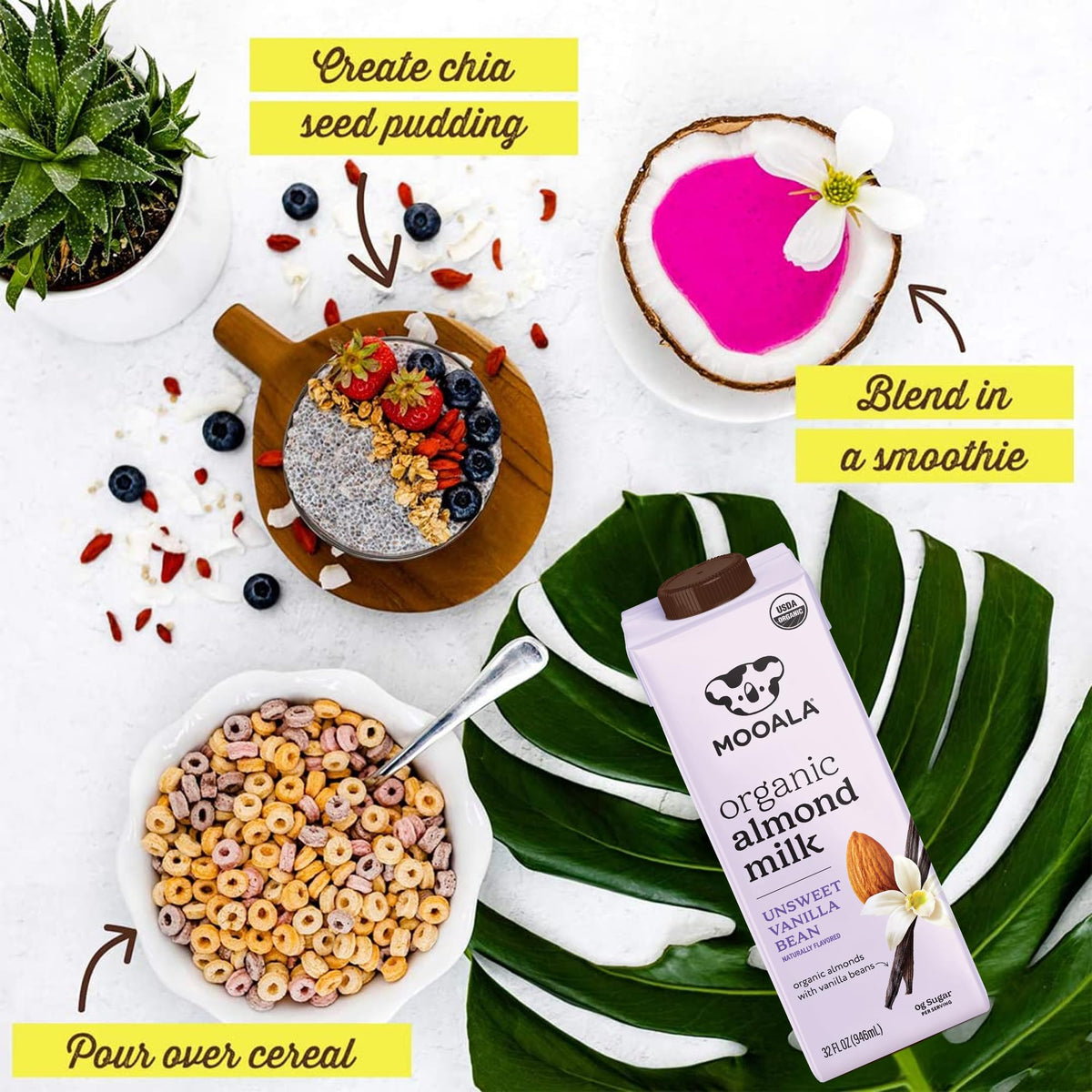 Mooala vanilla bean almond milk label highlights calcium and vitamin E
