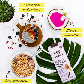 Mooala vanilla bean almond milk label highlights calcium and vitamin E