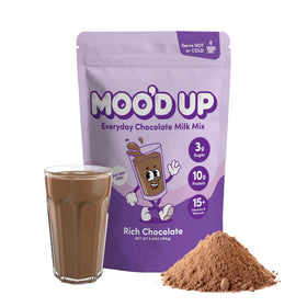 Moo’d Up chocolate milk mix bottle showing a dairy-free protein option.