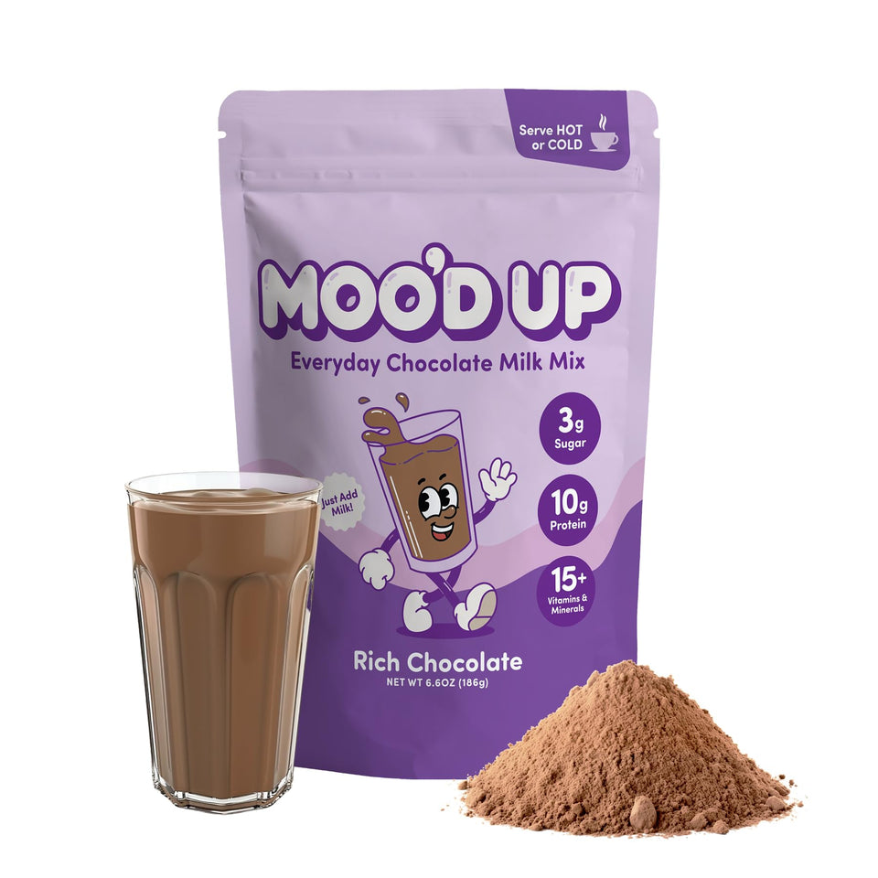 Moo’d Up chocolate milk mix bottle showing a dairy-free protein option.