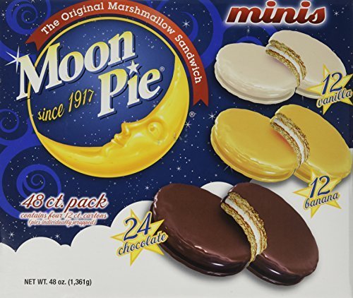 Moon Pie mini variety pack box with chocolate, vanilla, and banana flavors for on-the-go snacking.
