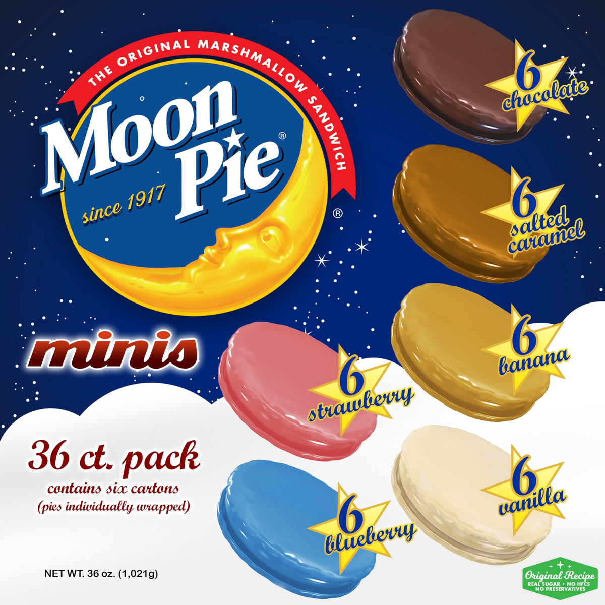 Moon Pie Minis 36-pack box front, ready for on-the-go snacking and sharing.