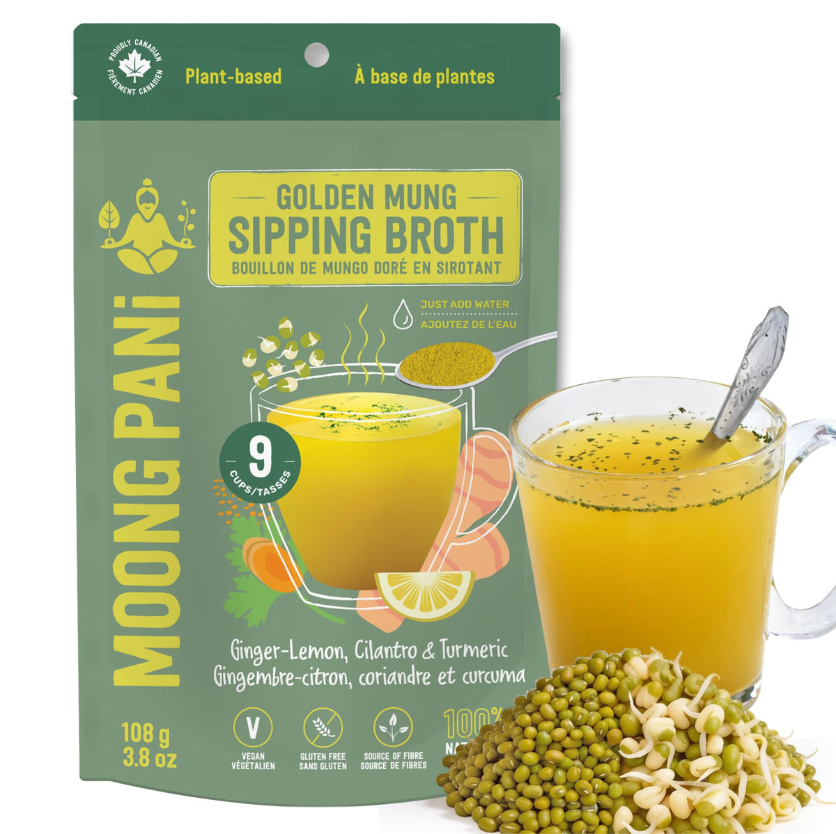 Moong Pani mung bean sipping broth powder package for quick, warm, plant-based nourishment.