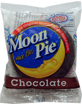MoonPie chocolate-coated double-decker pie close-up highlighting the chocolate coating and marshmallow filling.
