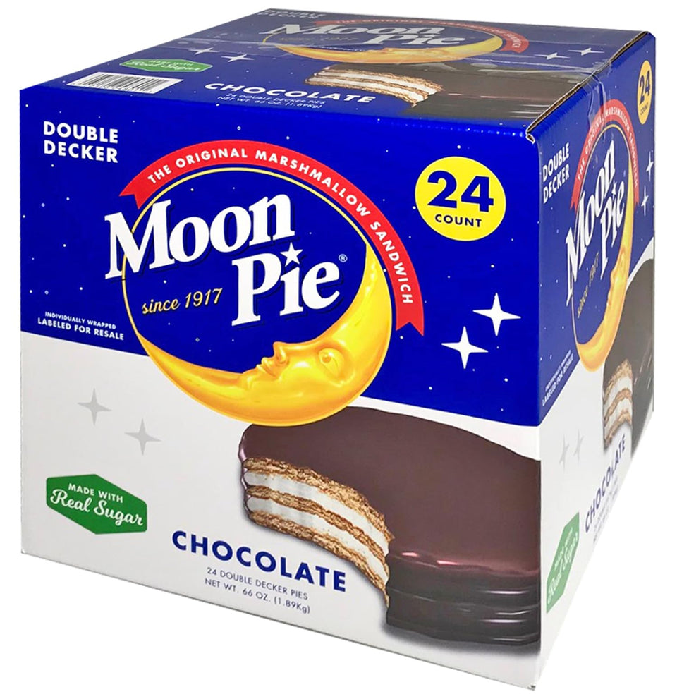 MoonPie packaging image showing a convenient on-the-go chocolate double-decker pie snack.