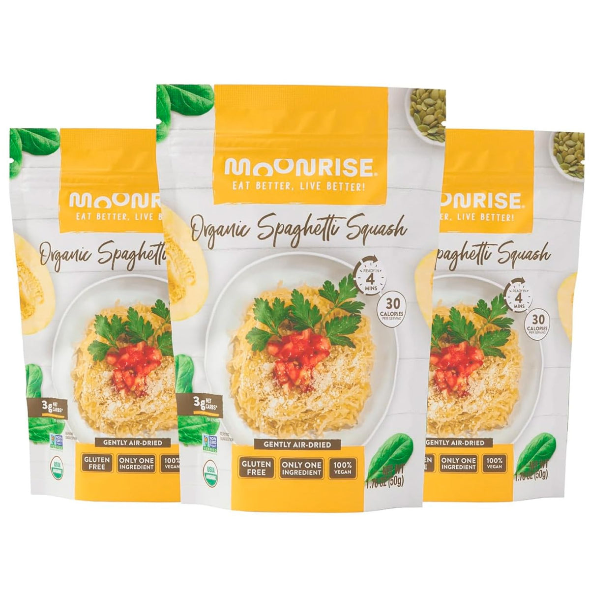 Moonrise Organic Spaghetti Squash Pasta bag shows the dry product suitable for high-yield meals