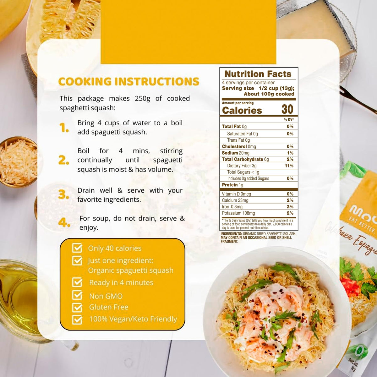 Moonrise Organic Spaghetti Squash Pasta single-ingredient label highlighting clean-label base