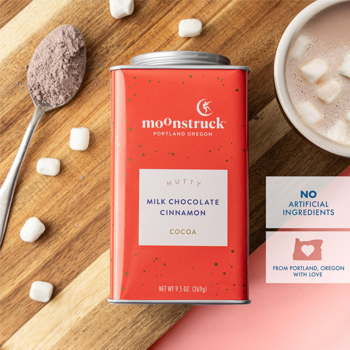 Moonstruck reusable cocoa tin doubles as storage after use.