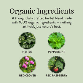 Moontime Tea ingredients reveal organic herbs for daily balance.