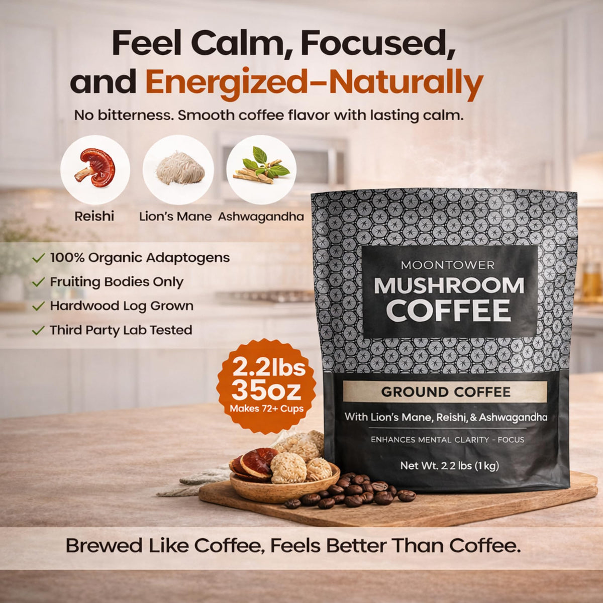 Moontower Adaptogen Coffee Ground brew steam invites an aromatic moment.
