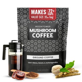 Moontower Adaptogen Coffee with Lion's Mane boosts focus during study.