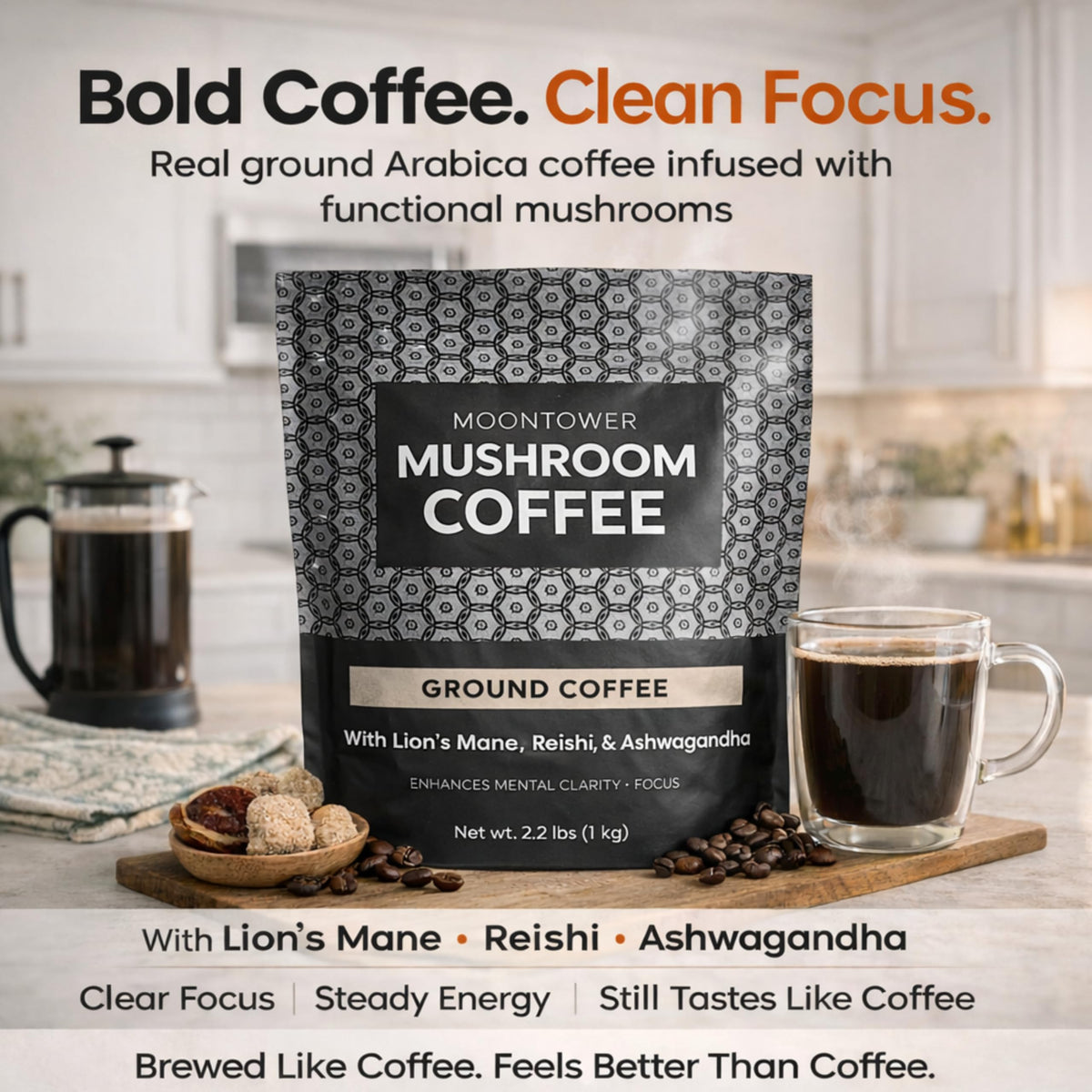 Moontower Adaptogen Coffee Ground medium roast delivers a smooth daily cup.