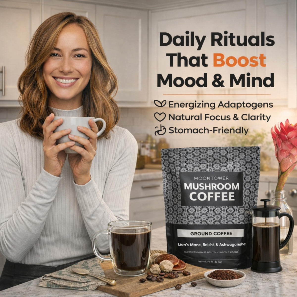 Moontower Adaptogen Coffee Ground Nicaragua beans provide rich, smooth flavor.
