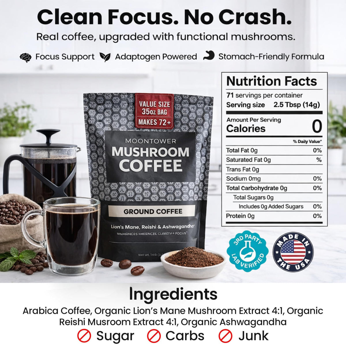 Moontower Adaptogen Coffee with Reishi highlights earthy aroma for balanced energy.