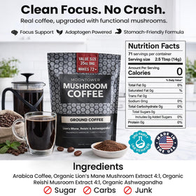 Moontower Adaptogen Coffee with Reishi highlights earthy aroma for balanced energy.