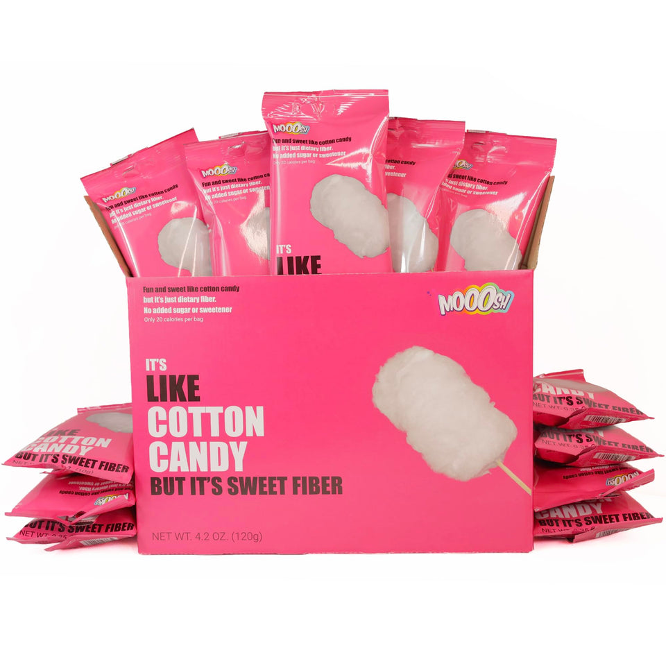 Mooosh gluten-free cotton candy packaging for a light gluten-free snack