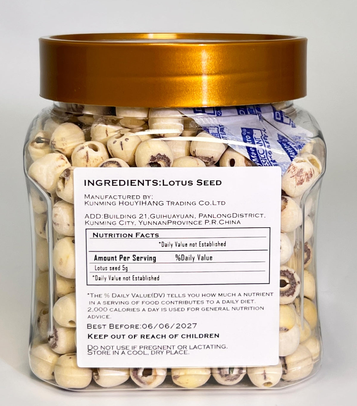 MOORCHOCO lotus seeds packaging close-up, premium quality.