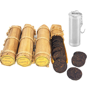 MOORCHOCO Pu-erh tea mini cake in bamboo tube for easy brewing.