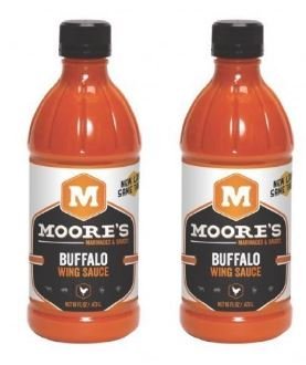 Moore's Buffalo Wing Sauce bottle—bold flavor for wings, dips, and marinades.