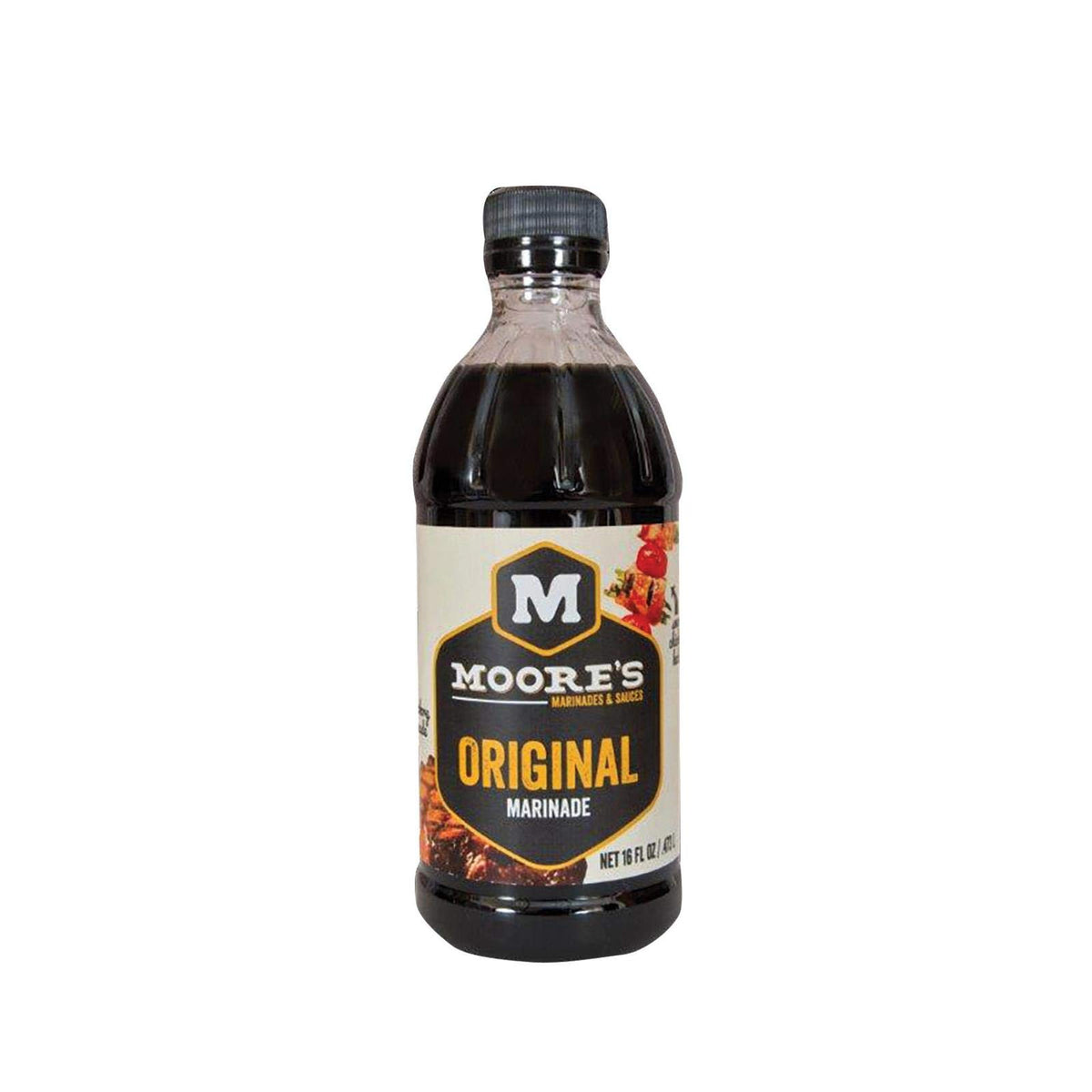 Moore's Original Marinade bottle pour highlights easy grilling flavor enhancement