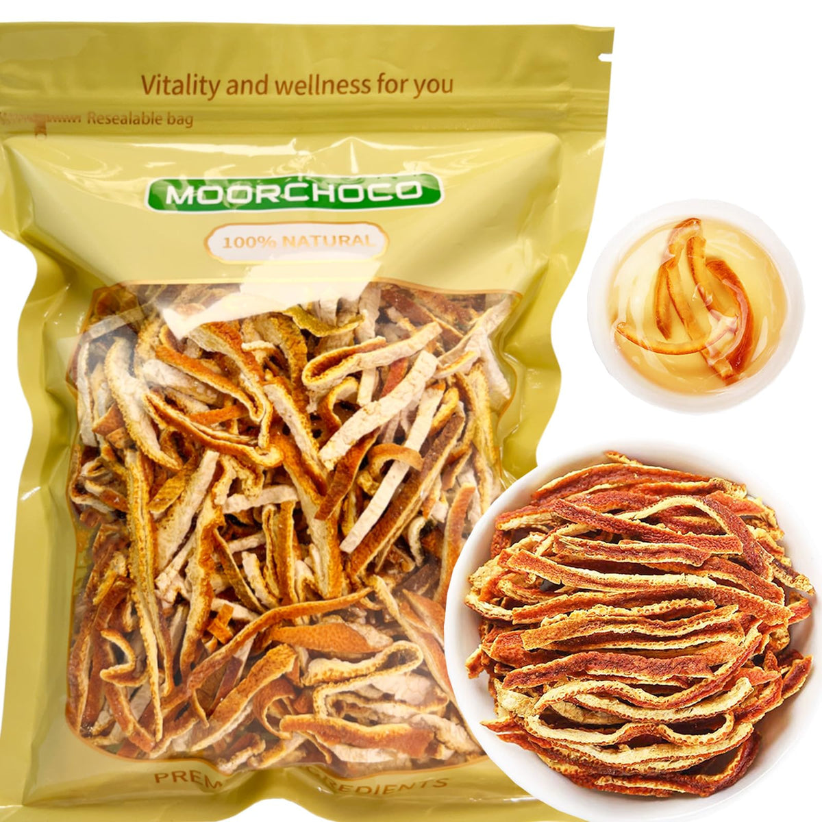 MOORCHOCO Tangerine Peel Strips package shows natural aroma for teas