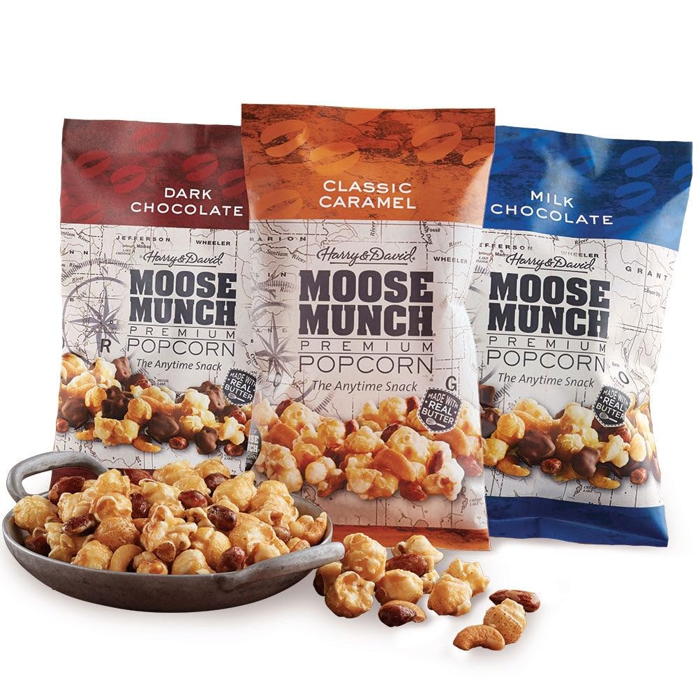 Moose Munch Premium Popcorn Trio: classic caramel flavor in a gift-ready package for sharing.