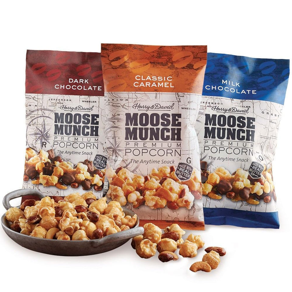 Moose Munch Premium Popcorn Trio: classic caramel flavor in a gift-ready package for sharing.