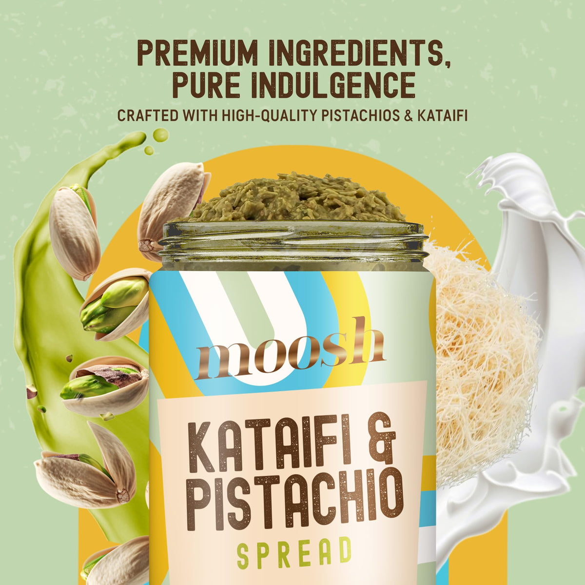 Moosh Dubai Chocolate Bar Filling creamy pistachio spread on spoon for quick treats